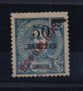 0218.jpg -     Lote:    218      Colecção Especializada - Zambézia             Descrição:         1914 &mdash; D. Carlos I Mouchon. Selos de 1905, com sobrecarga REPUBLICA tipografada localmente. CE81, 50 s/ 65 reis azul. Valor de catálogo &euro; 1.820,00. MR         *       Valor Base:     &euro; 1.500,00     Valor Venda:     Retirado     