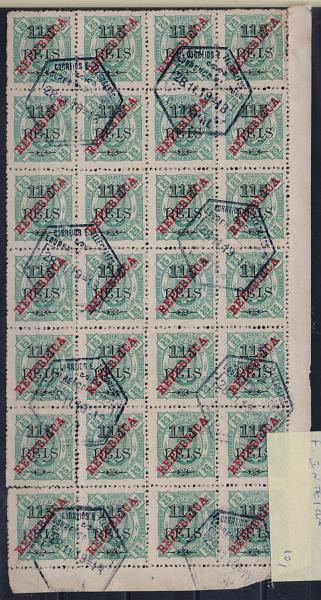 0222.jpg -     Lote:    222      Colecção Especializada - Zambézia             Descrição:         1915 &mdash; D. Carlos I tipo Diogo Neto. Selos de 1902, com sobrecarga REPUBLICA da Casa da Moeda. CE83, 115 s/ 25 reis verde. Folha completa com 28 selos.         O       Valor Base:     &euro; 10,00     Valor Venda:     &euro; 10,00       