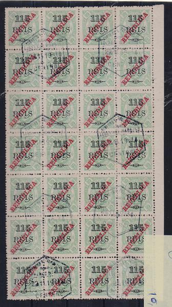 0223.jpg -     Lote:    223      Colecção Especializada - Zambézia             Descrição:         1915 &mdash; D. Carlos I tipo Diogo Neto. Selos de 1902, com sobrecarga REPUBLICA da Casa da Moeda. CE84, 115 s/ 80 reis verde. Folha completa com 28 selos.         O       Valor Base:     &euro; 10,00     Valor Venda:     &euro; 10,00       