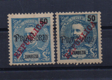 0224.jpg -     Lote:    224      Colecção Especializada - Zambézia             Descrição:         1915 &mdash; D. Carlos I Mouchon. Selos de 1902 com sobrecarga REPUBLICA da Casa da Moeda. CE88, 50 reis. Dois selos em tonalidades diferentes.         *       Valor Base:     &euro; 2,00     Valor Venda:     Retirado     