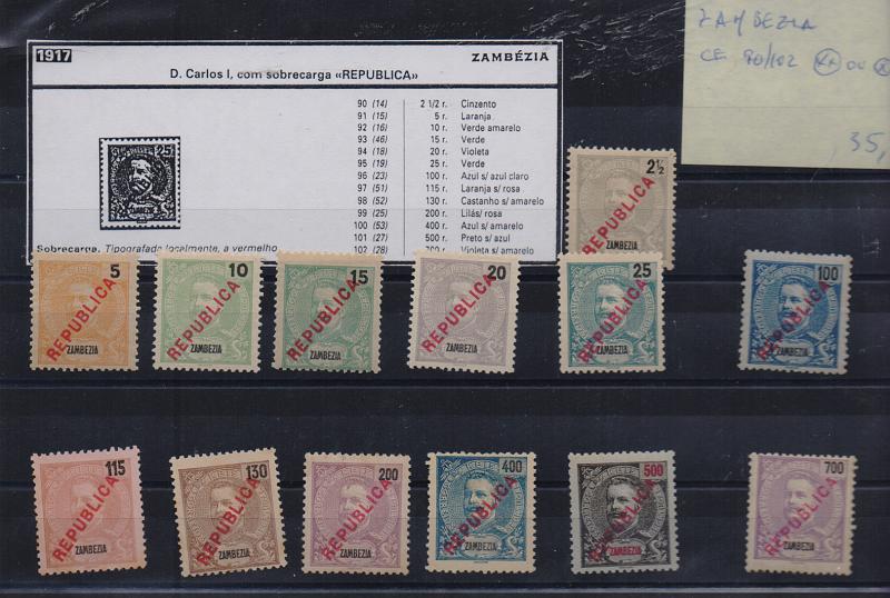 0227.jpg -     Lote:    227      Colecção Especializada - Zambézia             Descrição:         1917 &mdash; D. Carlos I tipo Mouchon, com sobrecarga REPUBLICA tipografada localmente. CE90/102. Série completa. Valor de catálogo &euro; 106,00.         **/*       Valor Base:     &euro; 35,00     Valor Venda:     &euro; 45,00       