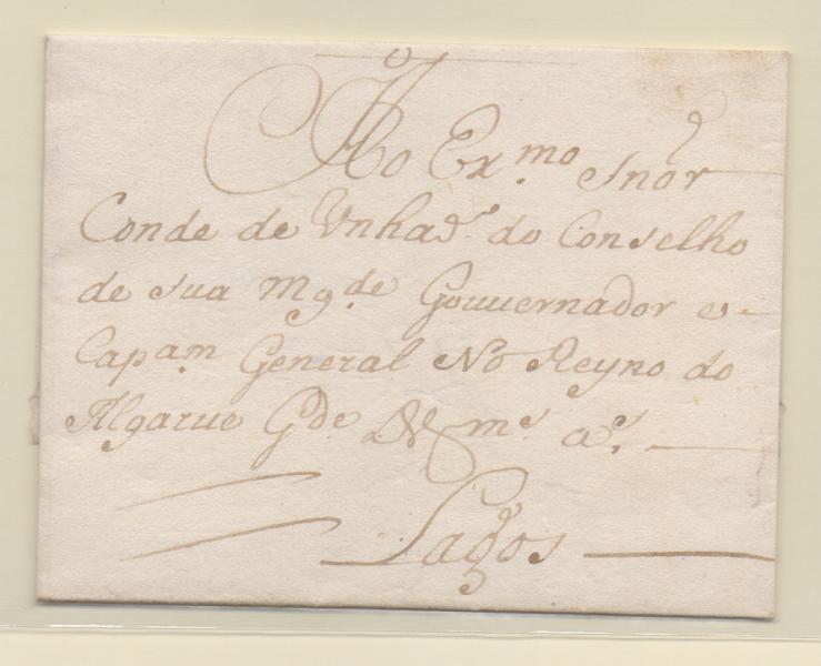 0233.jpg -     Lote:    233            Portugal       Descrição:         Correios-Mores &mdash; Carta remetida de Lisboa (16.06.1722) para Lagos.         Carta       Valor Base:     &euro; 30,00     Valor Venda:     &euro; 46,00       