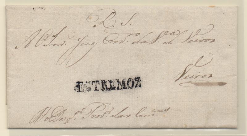 0248.jpg -     Lote:    248            Portugal       Descrição:         Estremoz &mdash; A preto, GM ETZ2,em carta datada de Évora (18.01.1815) para Veiros, isenta de porte. A data mais antiga conhecida desta marca.         Carta       Valor Base:     &euro; 40,00     Valor Venda:     &euro; 40,00       