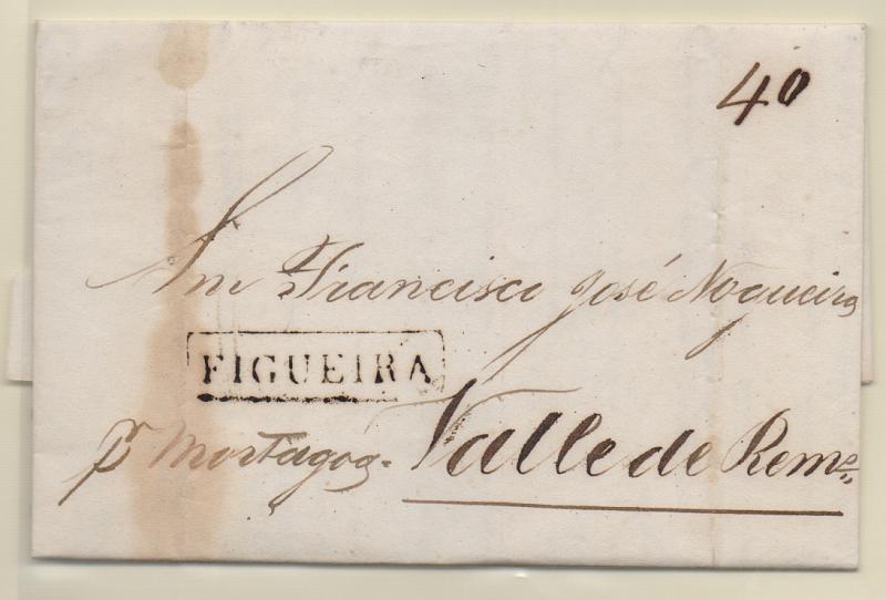 0254.jpg -     Lote:    254            Portugal       Descrição:         Figueira &mdash; A sépia, GM FIG5, em carta datada da Figueira (01.06.41) para Vale de Remigio (Tondela), com o porte de 40 reis manuscrito a sépia. Inscrição manuscrita "Pr Mortagoa". Marca muito bem batida.         Carta       Valor Base:     &euro; 20,00     Valor Venda:     Retirado     