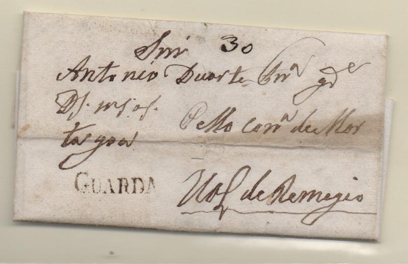0256.jpg -     Lote:    256            Portugal       Descrição:         Guarda &mdash; A sépia, GM GRD2 em carta datada de Guarda (27.07.38) para Vale de Remigio, com o porte de 30 reis manuscrito a sépia.         Carta       Valor Base:     &euro; 15,00     Valor Venda:     &euro; 15,00       