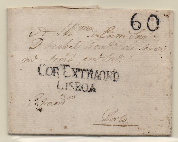0265.jpg -     Lote:    265            Portugal       Descrição:         Lisboa * Correio Extraordinário. A preto, GM LSB1 em carta datada de Lisboa (19.11.??) para o Porto, com o porte de 60 reis batido a preto. MB e MR.         Carta       Valor Base:     &euro; 120,00     Valor Venda:     &euro; 200,00       