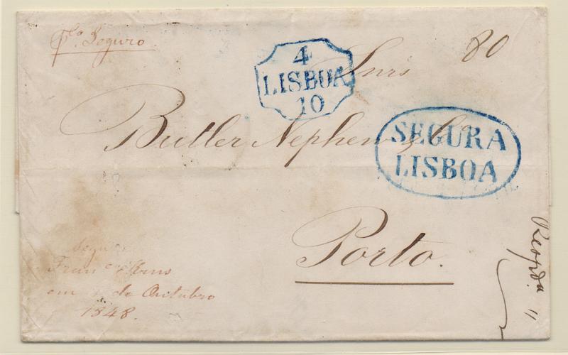 0266.jpg -     Lote:    266            Portugal       Descrição:         Lisboa / Segura. A azul, GM LSB-S2 em carta datada de Lisboa (04.10.48) para o Porto, com o porte de 80 reis manuscrito a sépia.         Carta       Valor Base:     &euro; 25,00     Valor Venda:     &euro; 25,00       