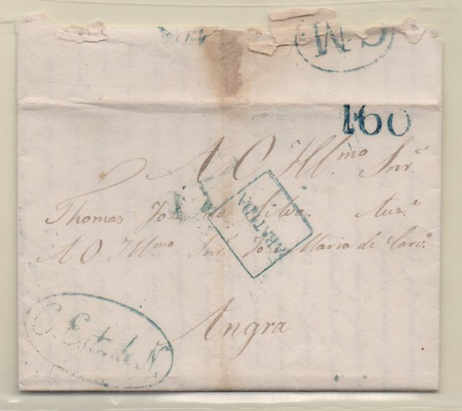 0271.jpg -     Lote:    271            Portugal       Descrição:         Lisboa * Abatida * G.M. * C. Est de N. &mdash; A azul, GM LSB Cest1, LSB DIV5 e LSB DIV9 em carta remetida do Rio de Janeiro para Angra, com trânsito por Lisboa e com o porte de 160 reis batido a azul.         Carta       Valor Base:     &euro; 200,00     Valor Venda:     Retirado     