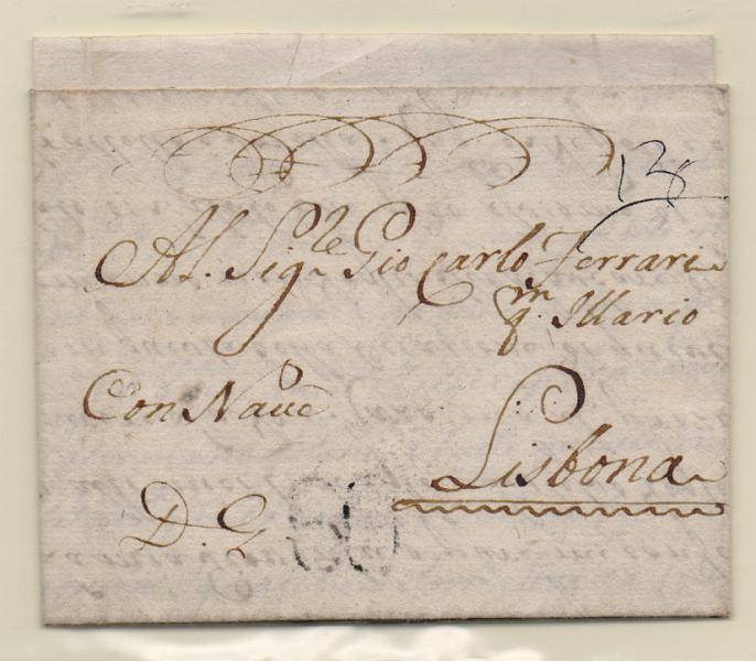0275.jpg -     Lote:    275            Portugal       Descrição:         Correios-Mores &mdash; Carta remetida de Génova (06.08.1790) para Lisboa, com o porte de 60.         Carta       Valor Base:     &euro; 15,00     Valor Venda:     &euro; 15,00       