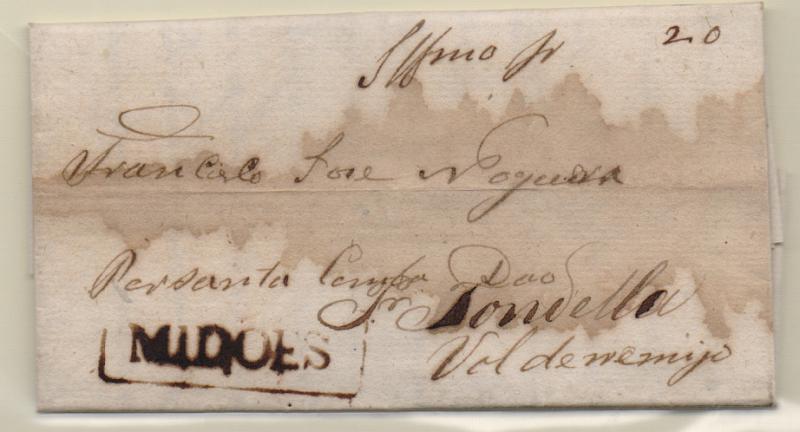 0280.jpg -     Lote:    280            Portugal       Descrição:         Midões &mdash; A sépia, GM MDS2 em carta circulada de Ervedal (01.12.41) para Vale de Remigio (Tndela), coim o porte de 20 reis manuscrito a sépia. Carta com mancha mais muito rara. Apenas conhecida mais uma carta com esta marca, e com a data mais antiga. B e MR.         Carta       Valor Base:     &euro; 400,00     Valor Venda:     &euro; 400,00       