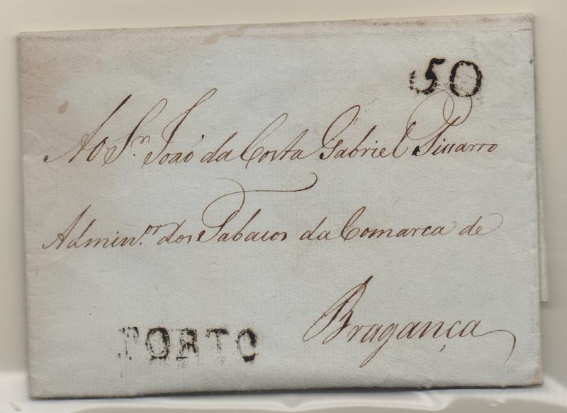 0291.jpg -     Lote:    291            Portugal       Descrição:         Porto &mdash; A preto, GM PRT5,em carta datada do Porto (15.11.1809) para Bragança com o porte de 50 reis batido a preto.         Carta       Valor Base:     &euro; 15,00     Valor Venda:     &euro; 15,00       