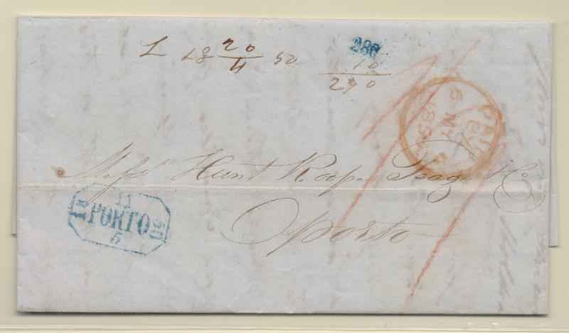 0293.jpg -     Lote:    293            Portugal       Descrição:         Porto * Selos fixos do imposto postal &mdash; Manuscrito a sépia em carta datada de Londres (06.05.50) para o Porto (11.05.50) com o porte de 280 reis batido a azul. Letra manuscrita diferente da catalogada por GM.         Carta       Valor Base:     &euro; 250,00     Valor Venda:     Retirado     
