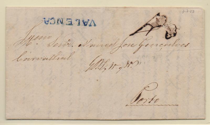 0308.jpg -     Lote:    308            Portugal       Descrição:         Porteado. Carta remetida de Valença (03.07.53) para o Porto (05.07.53) porteada com 40 reis manuscrito a sépia. Carimbo linear de VALENÇA batido a azul GM VLN3. Terceiro dia do período adesivo.         Carta       Valor Base:     &euro; 15,00     Valor Venda:     &euro; 22,00       