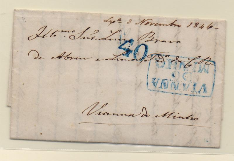 0315.jpg -     Lote:    315            Portugal       Descrição:         Vianna do Minho &mdash; A azul, GM VCT?? (tamanho da cercadura reduzido) em carta datada de Pariz (22.10.46) para a Figueira, com o porte de 40 reis batido a azul. Carta remetida provavelmente em mão com trânsito por Lisboa (03.11.46), tendo levado no destino a marca do correio e porteada em 40 reis. R e MB.         Carta       Valor Base:     &euro; 100,00     Valor Venda:     Retirado     
