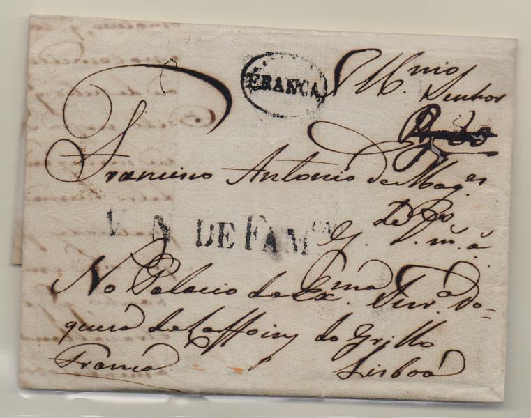 0317.jpg -     Lote:    317            Portugal       Descrição:         Vila Nova de Famalicão. A preto, GM VNF1 em carta datada de Vila Nova de Famalicão (20.09.1815) para Lisboa, com o porte manuscrito a sépia de 80 reis, anulado em Lisboa e obliterado com carimbo "FRANCA" GM LSB PP3 a preto. MB.         Carta       Valor Base:     &euro; 50,00     Valor Venda:     &euro; 65,00       