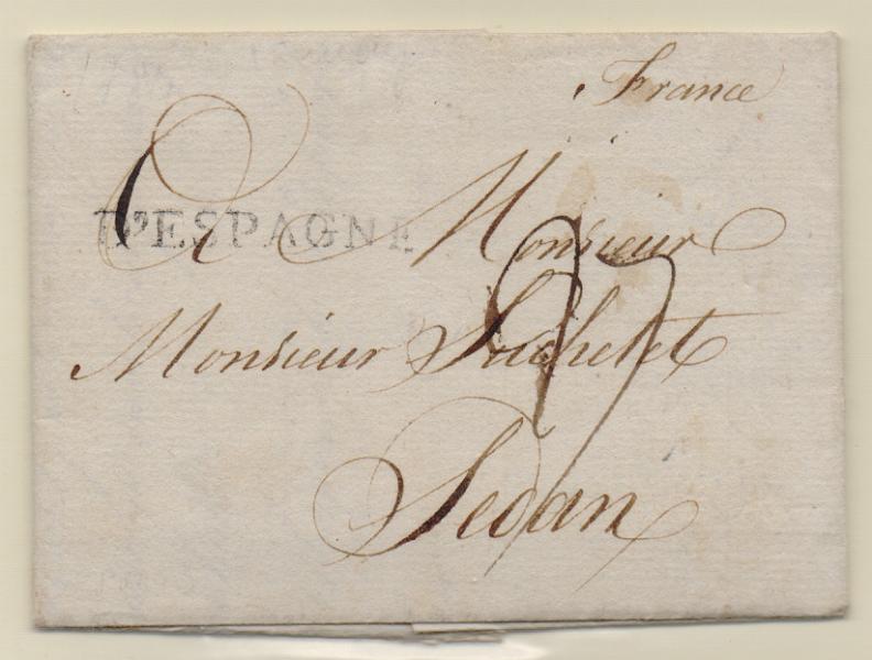 0322.jpg -     Lote:    322            Correio Estrangeiro       Descrição:         Correios-Mores. Carta circulada do Porto (15.05.1784) para França, com trânsito por Espanha. Marca francesa batida a preto "D'ESPAGNE".         Carta       Valor Base:     &euro; 25,00     Valor Venda:     Retirado     