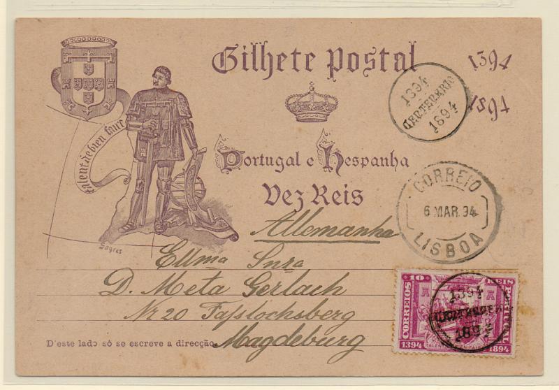 0338.jpg -     Lote:    338            Portugal       Descrição:         1894 — V Centenário do Nascimento do Infante D. Henrique. OM21, 10 reis lilás-cinzento, circulado de Lisboa (06.03.94) para a Alemanha, com selo adicional da mesma emissão de q0 reis CE99, obliterados com carimbo comemorativo do Centenário.         IC       Valor Base:     € 30,00     Valor Venda:     € 30,00       