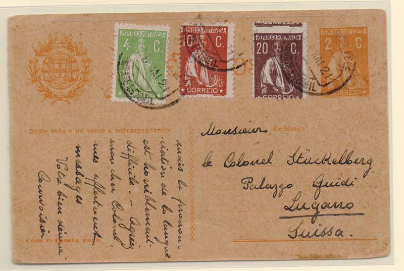 0352.jpg -     Lote:    352            Portugal       Descrição:         1918/20 — Ceres. OM63, 2+2C ocre. Primeira folha (Com resposta paga) circulado do Monte Estoril (06.05.21) para Lugano, com selos adicionais de 4C CE226, 10C CE215 e 20C CE240 (selo com o denteado muito deslocado).         IC       Valor Base:     € 40,00     Valor Venda:     € 48,00       