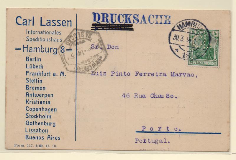 0535.jpg -     Lote:    535                   Descrição:         Alemanha. Postalilustrado circulado com selo de 5p de Hamburgo (30.03.34). Selo perfurado com CL — Carl Larsen.         PI       Valor Base:     € 8,00     Valor Venda:     € 12,00       