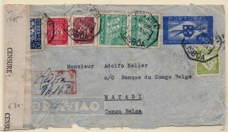 0559.jpg -     Lote:    559            Correio aéreo       Descrição:         1939 — Sobrescrito de CA, 3$50, OM 1, circulado registado de Lisboa (01.11.1943) para Matadi (Congo Belga) (24.12.1943), com selos adicionais totalizando 48$25, incluindo par de selos de 20$00 TPN, 5$00 Lusíadas, e tendo transitado por N. York (20, 21 e 26 Nov), Miami (27 Nov) e Leopoldville (22 Dez.). Com duas cintas de censura. Rara circulação. .        Aéreo       Valor Base:     € 30,00     Valor Venda:     € 75,00       
