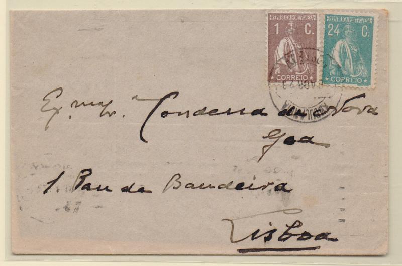 0575.jpg -     Lote:    575            Correio ferroviário       Descrição:         Correio ferroviário. 1917/24 &mdash; Ceres. Sobrescrito circulado com selos de 1C e 24C CE221 e 241, para Lisboa (08.04.23). carimbo batido a preto "AMBULÂNCIA / NORTE IV".         Carta       Valor Base:     &euro; 10,00     Valor Venda:     Retirado     