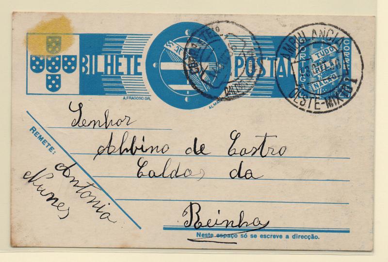0585.jpg -     Lote:    585            Correio ferroviário       Descrição:         Correio ferroviário. Inteiro postal de $25 tipo Tudo pela Nação, circulado da Malveira (13.10.36) para Caldas da Rainha. Carimbo batido a preto "AMBULÂNCIA / OESTE-MIXTO I".         IC       Valor Base:     &euro; 10,00     Valor Venda:     &euro; 12,00       