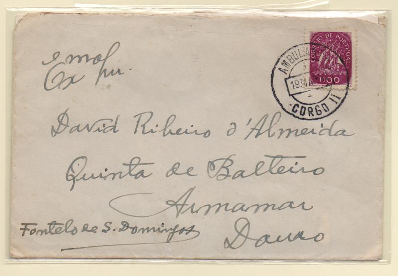 0588.jpg -     Lote:    588            Correio ferroviário       Descrição:         Correio ferroviário. Sobrescrito circulado de Chaves (19.05.51) para Armamar, com selo de 1$00 tipo Caravela CE624. Carimbo batido a preto "AMBULÂNCIA / CORGO II".         Carta       Valor Base:     € 10,00     Valor Venda:     Retirado     