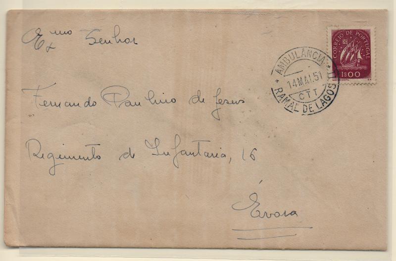 0589.jpg -     Lote:    589            Correio ferroviário       Descrição:         Correio ferroviário. Sobrescrito circulado pela ambulância ferroviária do Ramal de Lagos (15.05.51) para Évora com selo tipo Caravela de 1$00. Carimbo batido a preto "AMBULÂNCIA / RAMAL DE LAGOS".         Carta       Valor Base:     € 8,00     Valor Venda:     € 10,00       