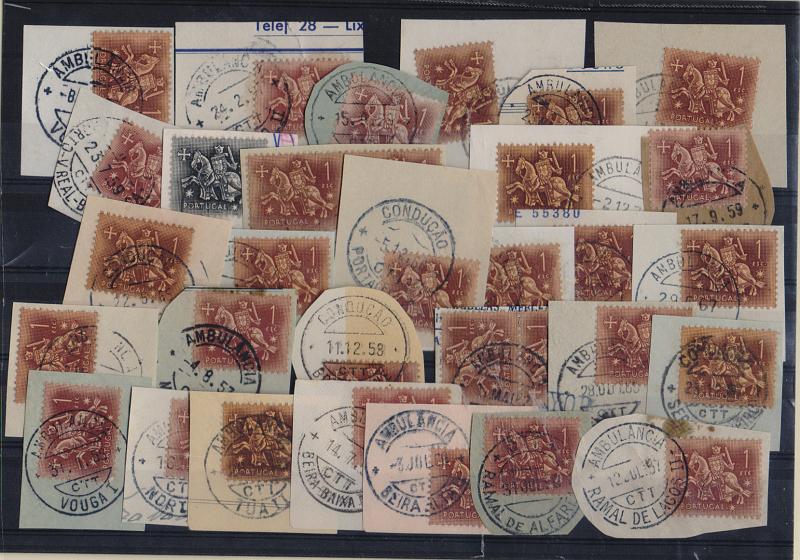 0591.jpg -     Lote:    591            Correio ferroviário       Descrição:         Correio ferroviário. Marcas do correio ambulante. Lote com 30 fragmentos com selos tipo Cavaleiro Medieval, com diferentes marcas do serviço postal ambulante/ferroviário. Marcas bem batidas.         Lote       Valor Base:     € 15,00     Valor Venda:     € 18,00       