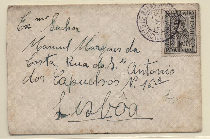 0593.jpg -     Lote:    593            Correio ferroviário       Descrição:         Correio ferroviário. Marcas. Sobrescrito circulado para Lisboa (21.07.53) com selo CE778. Carimbo batido a preto "CONDUÇÃO DE MALAS / PAMPILHOSA — F. FOZ".         Carta       Valor Base:     € 10,00     Valor Venda:     Retirado     