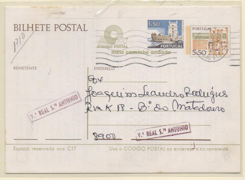 0595.jpg -     Lote:    595            Correio ferroviário       Descrição:         Carimbos nominativos ferroviários. Inteiro tipo Instrumentos do Trabalho de 5$50 com selo adicional de 1$50, circulado em Vila Real de santo António (25.01.82) Carimbo batido a lilás "V.ª REAL ST.º ANTÓNIO".         IC       Valor Base:     € 8,00     Valor Venda:     Retirado     