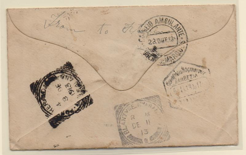 0599.jpg -     Lote:    599            Correio ferroviário       Descrição:         Correio ferroviário. Sobrescrito inteiro da Africado Sul (27.10.13) para a Niassalândia (08.11.13) com trânsito pelo Chinde. Carimbo batido a preto "CORREIO AMBULANTE / LOURENÇO MARQUES".         Carta       Valor Base:     € 15,00     Valor Venda:     Retirado     
