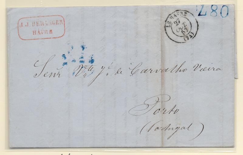 0600.jpg -     Lote:    600            Correio marítimo       Descrição:         Correio marítimo. Carta remetida do Havre (27.10.53) para o Porto (07.11.53), com trânsito por Lisboa (04.11.53), porteada com 480 reis batido a azul e carimbo também a azul "ABATIDA".         Carta       Valor Base:     € 20,00     Valor Venda:     € 20,00       