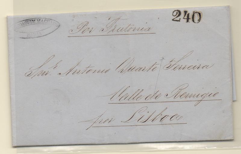 0604.jpg -     Lote:    604            Correio marítimo       Descrição:         Correio Marítimo. Paquete Transatlântico. Carta circulada da Baía (06.01.1854) para Vale Remígio com trânsito por Lisboa, com o porte de 240 reis batido a preto. Carimbo "P. TRANSATLANTICO / 57" batido a violeta. Carta com corte de desinfecção. B.         Carta       Valor Base:     € 15,00     Valor Venda:     € 15,00       