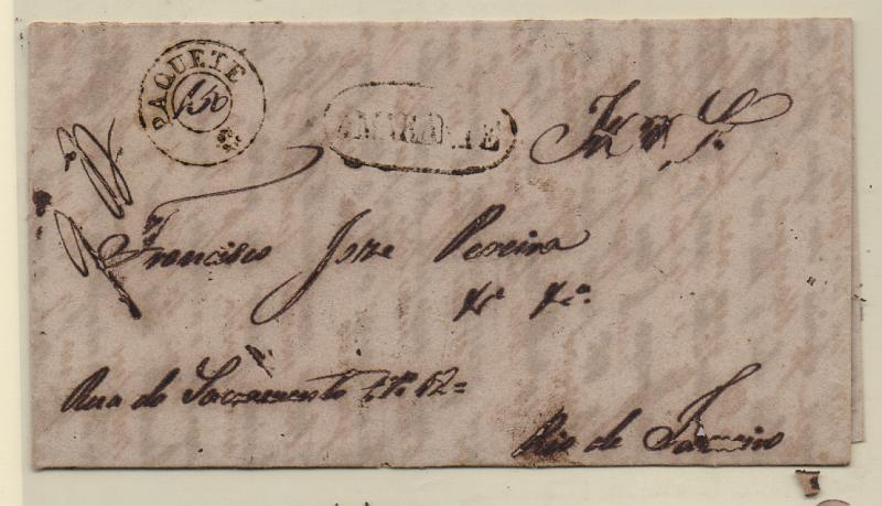 0605.jpg -     Lote:    605            Correio marítimo       Descrição:         Correio marítimo. Marcas de denominação de origem "PAQUETE". Carta circulada de Amarante (13.07.61) para o Rio de Janeiro com trânsito por Lisboa (15.07.61). Pagou de porte territorial 25 reis com selo tipo D. Pedro V, cabelos anelados CE13 + porte marítimo de 160 reis manuscrito em carimbo de duplo círculo batido a sépia "PAQUETE. Carimbo nominativo batido a sépia de Amarante. MR.         Carta       Valor Base:     € 100,00     Valor Venda:     € 170,00       