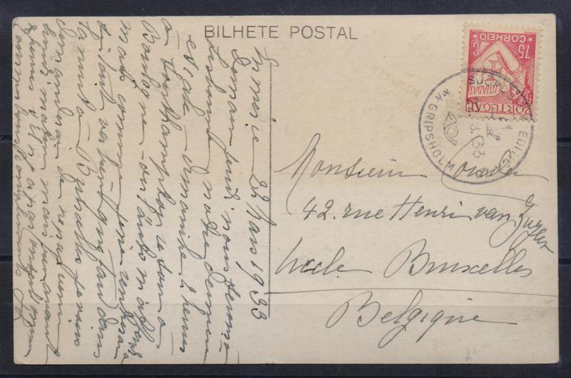 0609.jpg -     Lote:    609            Correio marítimo       Descrição:         Correio marítimo. 1931 — Lusíadas. Correio de bordo. Postal ilustrado lançado a bordo do Paquete "GRIPSHOLM" da "Swedish American Liner" com selo de 75c CE523, circulado do Funchal (22.03.33) para a Suécia. Carimbo de bordo do paquete batido a preto "SJOPOSTEXPEDITION / 22.3.33 / M/F GRIPSHOLM" MB e R.         PI       Valor Base:     € 40,00     Valor Venda:     € 40,00       