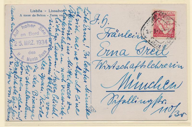 0612.jpg -     Lote:    612            Correio marítimo       Descrição:         Correio marítimo. 1931 — Lusíadas. Postal ilustrado lançado a bordo do Paquete Monte Rosa com selo de 95C CE519 e entregue em Lisboa (27.03.34) com destino à Alemanha. Carimbo circular batido a azul "AUF HOHER SEE / NA BORD / 25.MRZ.1934 / DES / M.S. MONTE ROSA".".         PI       Valor Base:     € 10,00     Valor Venda:     € 18,00       