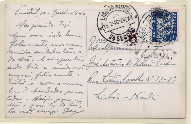 0613.jpg -     Lote:    613            Correio marítimo       Descrição:         Correio marítimo. Marcas de denominação de origem. Postal ilustrado com selo Tudo pela Nação de $26 CE570, lançado a bordo de paquete no Funchal para Lisboa (13.07.40)-Carimbo batido a preto "PAQUETE".         PI       Valor Base:     € 10,00     Valor Venda:     € 12,00       