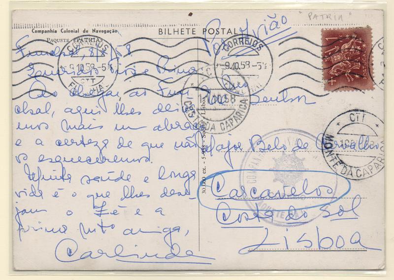 0616.jpg -     Lote:    616            Correio marítimo       Descrição:         Correio marítimo. Marcas de paquetes portugueses. 1953 — Cavaleiro Medieval. Postal ilustrado circulado do Funchal (09.10.58) para Carcavelos com selo de 1$00 CE768. Carimbo batido a violeta "COMPANHIA NACIONAL DE NAVEGAÇÃO / PAQUETE PATRIA".         PI       Valor Base:     € 40,00     Valor Venda:     Retirado     