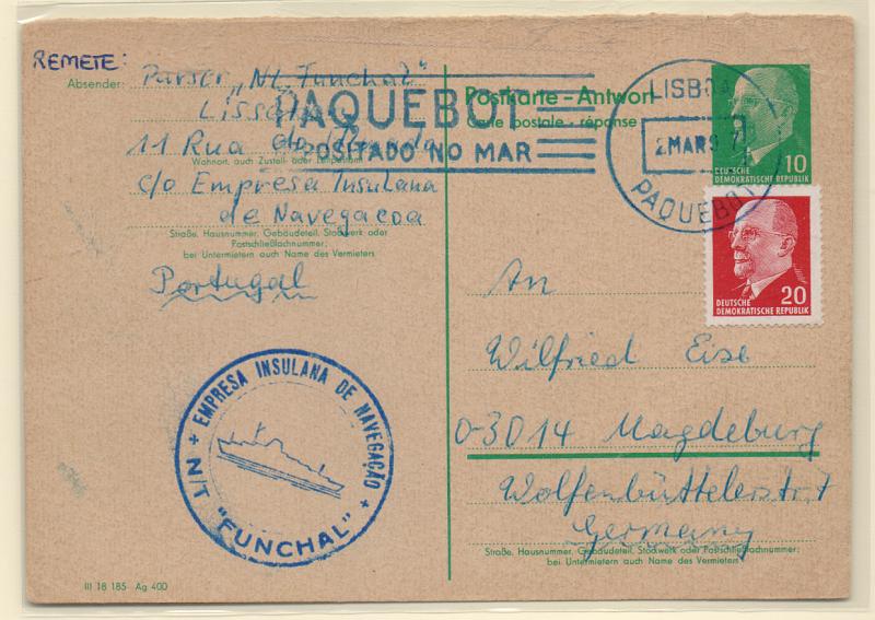 0622.jpg -     Lote:    622            Correio marítimo       Descrição:         Correio marítimo. Inteiro postal alemão de 10p + selo adiciona de 20p depositado a bordo do Paquete Funchal (02.03.947) com destino à Alemanha. Carimbos batidos a azul "PAQUEBOT / DEPOSITADO NO MAR / LISBOA / PAQUEBOT" + "EMPRESA INSULANA DE NAVEGAÇÃO / N/T "FUNCHAL".         IC       Valor Base:     € 75,00     Valor Venda:     Retirado     