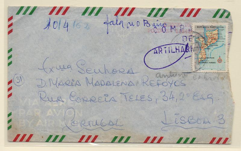 0654.jpg -     Lote:    654                   Descrição:         1961/75 &mdash; Guerra Colonial. Serviço Postal Militar. Isenções de franquia. Sobrescrito remetido por via aérea de MAUA (10.04.62) para Lisboa (23.04.62): Isenção dactilografada a vermelho ao abrigo da Portaria 18545, não concedida para o porte aéreo (?) e franquiado com selos de 1$00 CE415. Raro carimbo circular batido a preto de "MAUA" + mais carimbo da unidade batido a violeta "COMPANHIA / DE / ARTILHARIA n.º 292". MB e MR         Carta       Valor Base:     &euro; 150,00     Valor Venda:     &euro; 150,00       