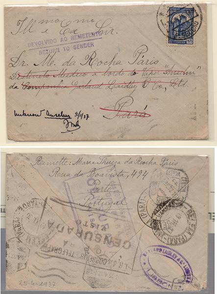 0659.jpg -     Lote:    659                   Descrição:         1936 &mdash; Censuras. 1935 &mdash; Sé de Coimbra. CE575, 1$75 em sobrescrito circulado de Lisboa para o Brasil (19.11.36). Censurada no Brasil. Carimbo a preto e violeta "D. R. DOS CORREIOSE TELEGRAPHOS / DO PARÁ / CENSURADA / VISTO". Devolvida ao remetente.         Carta       Valor Base:     &euro; 12,00     Valor Venda:     Retirado     