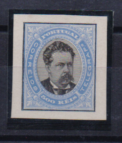 0670.jpg -     Lote:    670            Portugal       Descrição:         1881/87 &mdash; D. Luís I, de frente. Desenhos e gravura de Eugéne Muchon. Tipo IX. Prova de 500 reis em papel porcelana, não denteada, nas cores preto e azul.         PRV       Valor Base:     &euro; 18,00     Valor Venda:     &euro; 18,00       