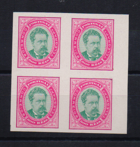 0673.jpg -     Lote:    673            Portugal       Descrição:         1882 &mdash; D. Luís I, de frente. Tipo IX. Tipo aprovado. CE64, 500 reis, papel porcelana. Quadra, não denteada em rosa e verde. OM255.         PRV       Valor Base:     &euro; 50,00     Valor Venda:     &euro; 65,00       