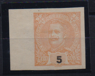 0676.jpg -     Lote:    676            Portugal       Descrição:         1895 &mdash; D. Carlos I Mouchon. CE127, 5 reis laranja. Prova de cor em papel liso amarelado, não denteada, na cor aprovada, com impressão da taxa.         PRV       Valor Base:     &euro; 5,00     Valor Venda:     &euro; 12,00       