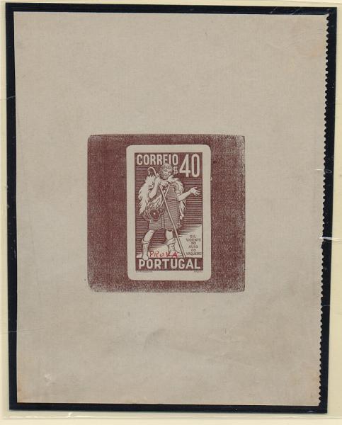0694.jpg -     Lote:    694            Portugal       Descrição:         1937 &mdash; 4.º Centenário da Morte de Gil Vicente. CE577, 40C. Prova de cepo em castanho com 122x98mm.         PRV       Valor Base:     &euro; 30,00     Valor Venda:     &euro; 40,00       