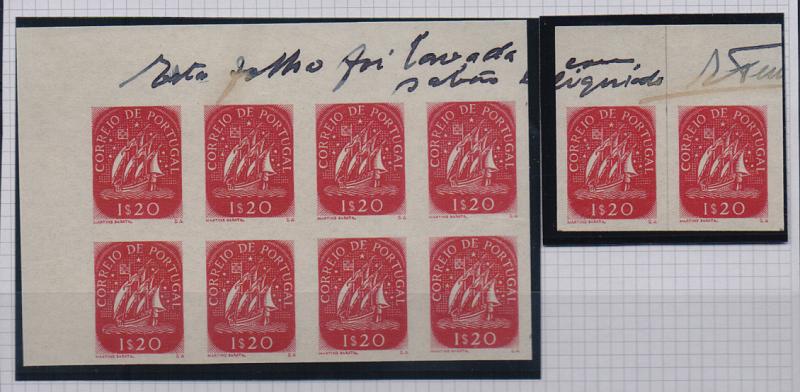 0706.jpg -     Lote:    706            Portugal       Descrição:         1948/49 &mdash; Caravela. CE696, 1$20. Bloco de oito + par de provas não denteadas, em vermelho, sobre papel amarelado. O conjunto forma a legenda manuscrita "Esta folha foi lavada com sabão líquido". Assinada #Ferr(eira).         PRV       Valor Base:     &euro; 40,00     Valor Venda:     &euro; 46,00       
