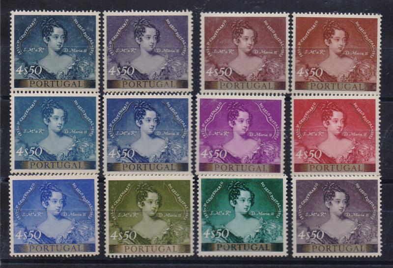 0708.jpg -     Lote:    708            Portugal       Descrição:         1953 &mdash; Centenário do Selo Postal Português. CE791, 4$50. Lote de 12 provas de cor todas diferentes, denteadas. Todas na taxa de 4$50, COM filete sob as legendas laterais. MB e MR         PRV       Valor Base:     &euro; 250,00     Valor Venda:     Retirado     