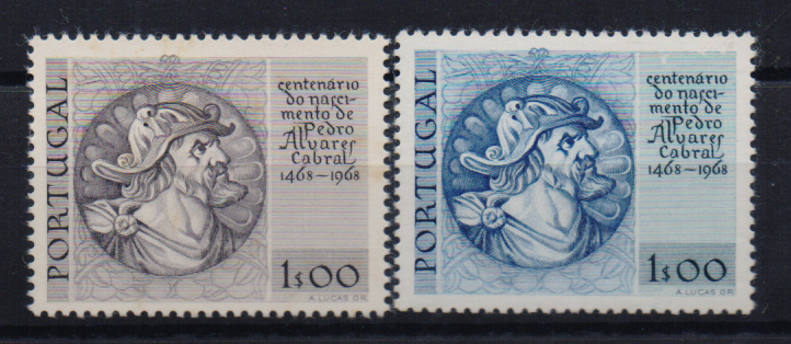 0714.jpg -     Lote:    714            Portugal       Descrição:         1969 &mdash; 5.º Centenário do nascimento de Pedro Alvares Cabral. CE1038,1$00. Prova de cor em ardósia. Acompanha selo original para comparação.         PRV       Valor Base:     &euro; 10,00     Valor Venda:     Retirado     