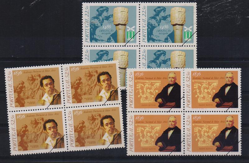 0721.jpg -     Lote:    721            Portugal       Descrição:         1986 &mdash; Datas da História. CE1768/70. Série completa em quadras com traço oblíquo a preto no canto inferior direito. Exemplares de oferta dos CTT.         PRV       Valor Base:     &euro; 5,00     Valor Venda:     &euro; 8,00       